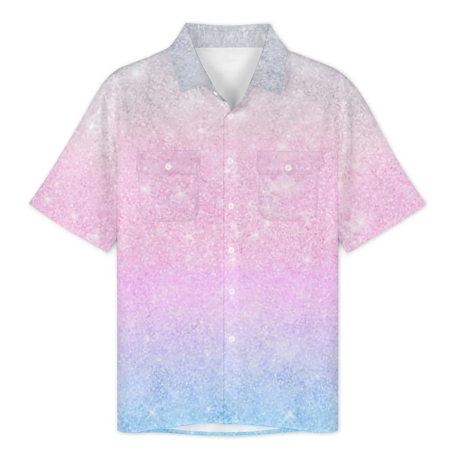 Elegant Ombre Vacation Shirt Male Pink Silver Glitter Print Classic Casual Shirts Summer Short Sleeve Harajuku Oversized Blouses