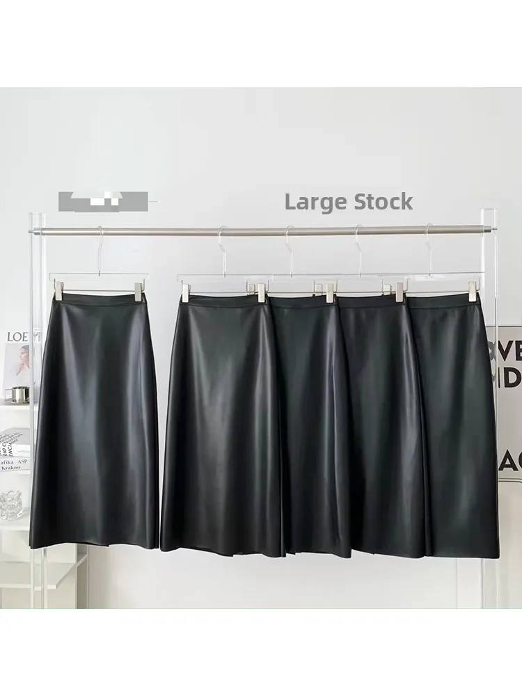 

Bla High Waist Genuine Leather Skirt Women's Winter Faion A-Line Commuter Midi Skirt Trendy eepskin Polyester