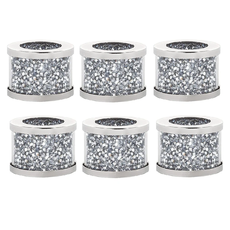 6 Pack Crystal Glass Napkin Holder Silver Diamond Napkin Rings, Crushed Diamond Table Settings Bling Serviette Buckles Durable