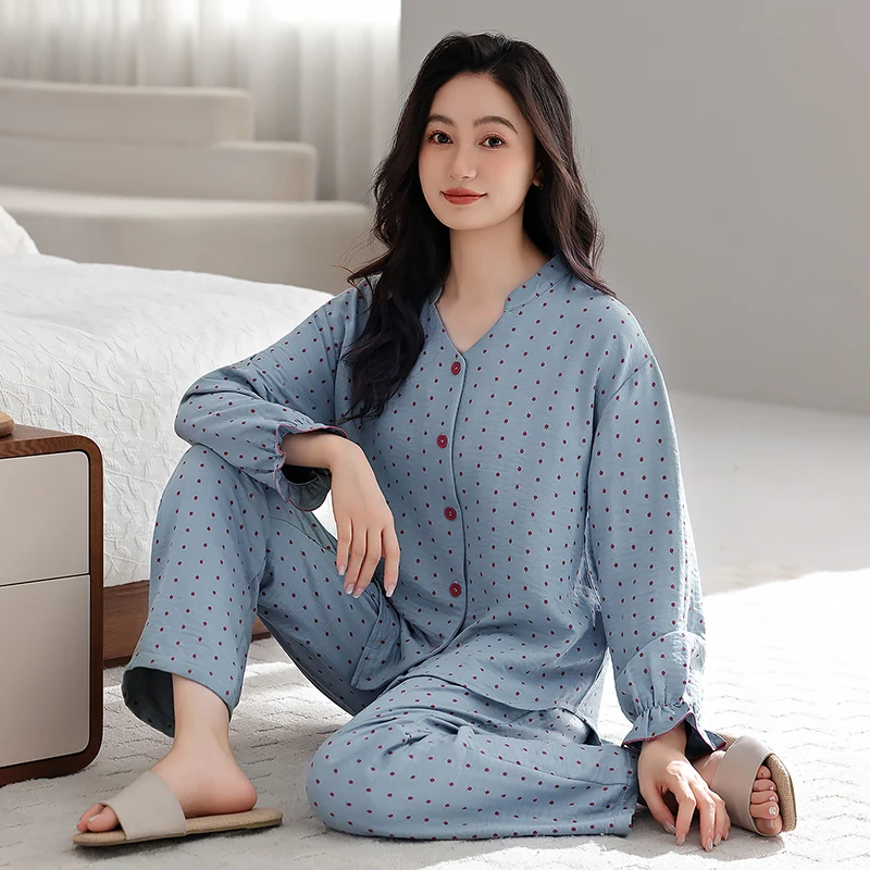 Home clothing for female knit cotton pajama sets women spring autumn v-neck cardigan geometric pattern long sleeve sleepwear