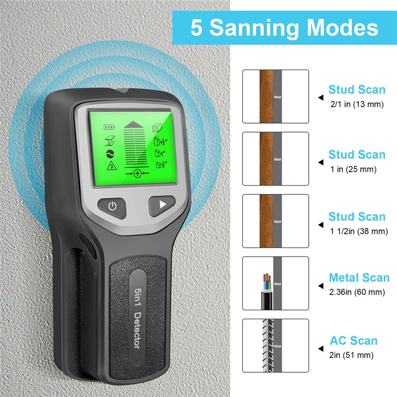 A23F-5-In-1 Studs Metal  Wall Scanner AC Wood Finder Cable Wires Depth Tracker Electric Box Finder Wall  Reusabl