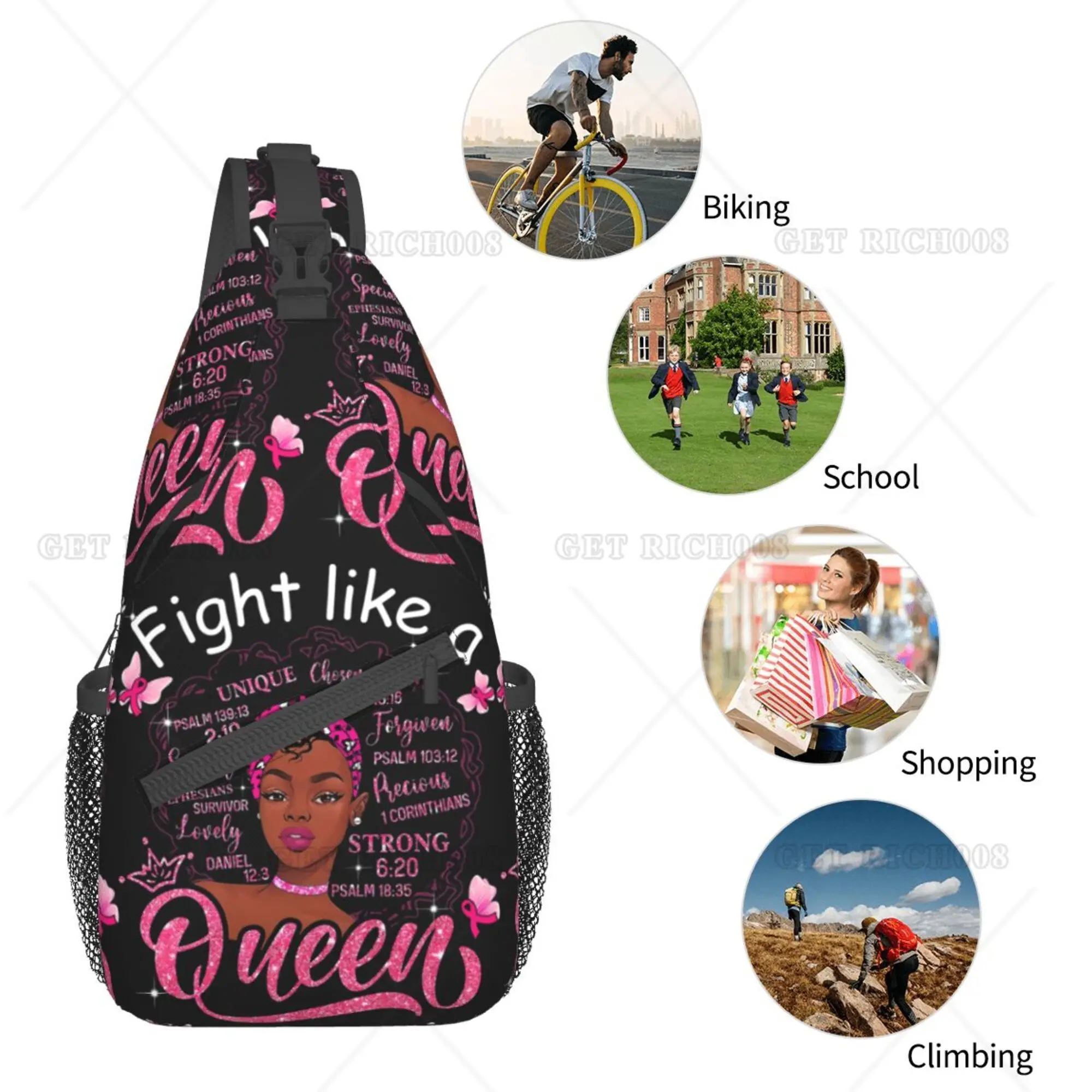 Fight Like A Queen Chest Bag Cross Backpacks Breast Cancer Awareness Bags for Women Men Polyester Unisex Casual Hiking Running