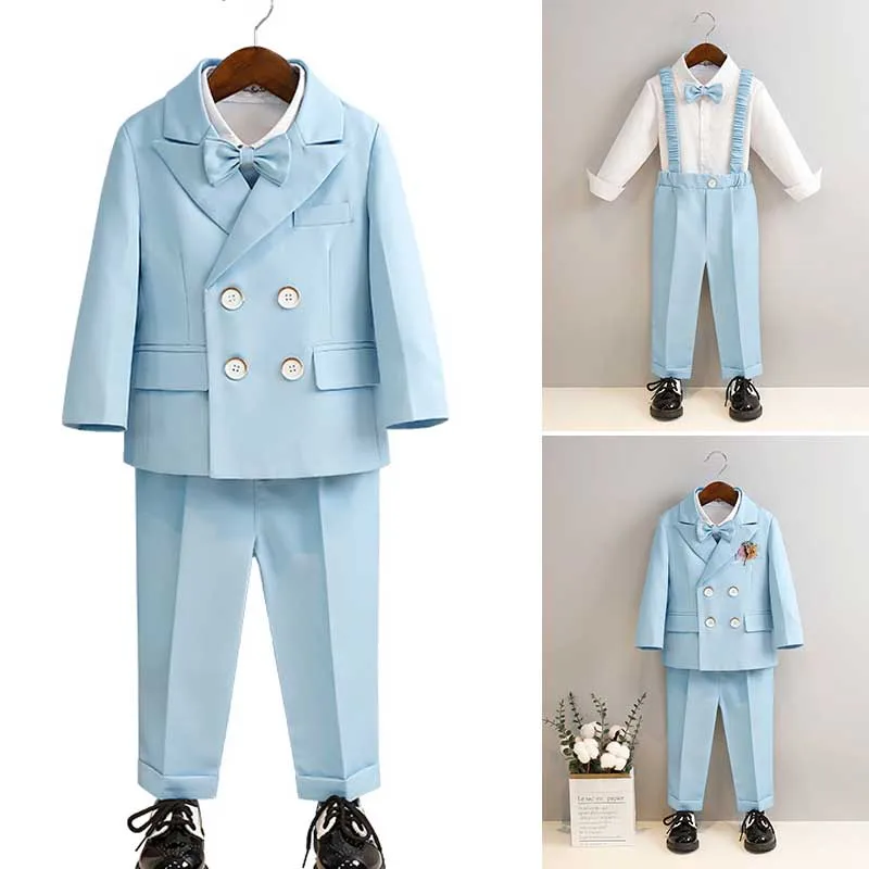 Children Sky Blue Piano Party Dress Kids Jacket Pants Bowtie Strap 4PS Ceremony Photograph Suit Flower Boys Performance Costume