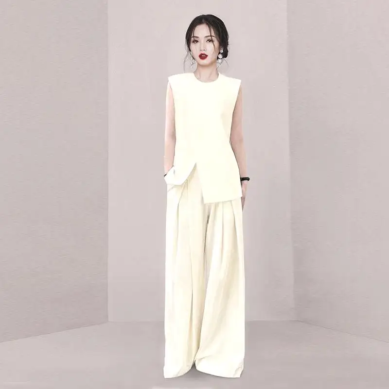 High Quality Summer White Pants Suits Women O Neck Sleeveless Split Loose Tops +Wide-Leg Trousers Suit Lady Office Two Piece Set