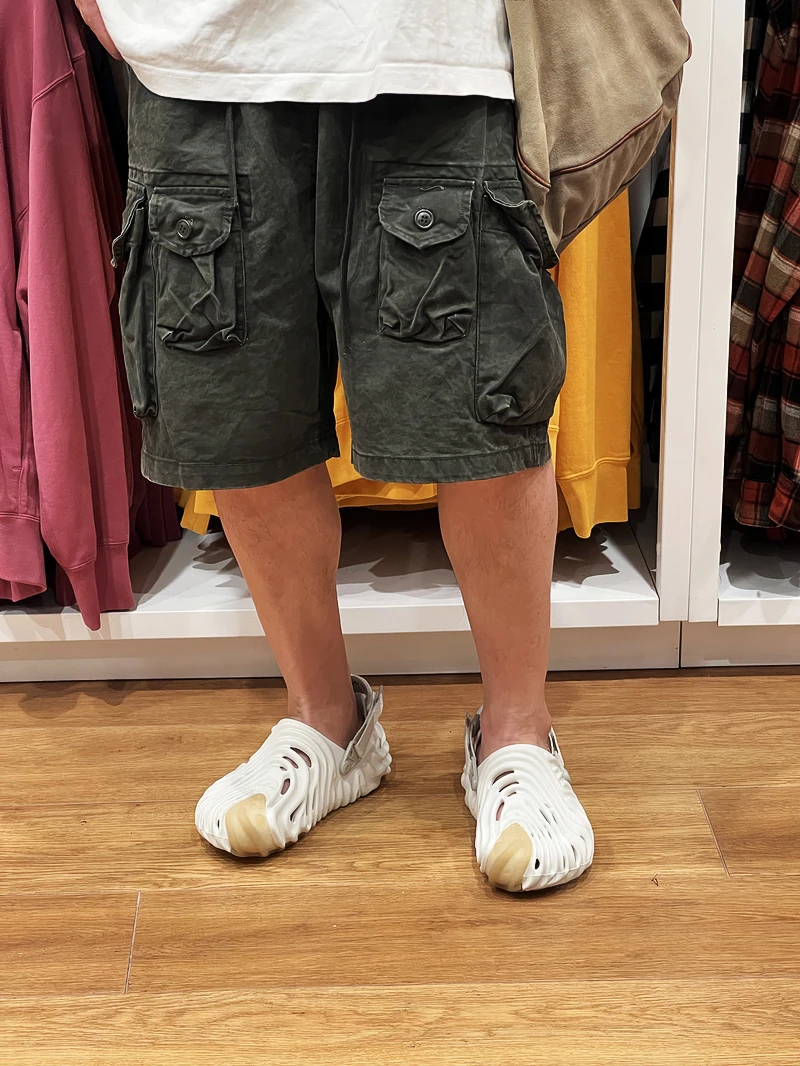 สไตล์ญี่ปุ่น Heavy-Duty Washed Cargo กางเกงขาสั้น 25SS ฤดูร้อน Distressed ขนาดใหญ่เอวยางยืด Workwear High Street กางเกง