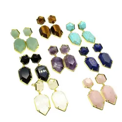 Women Crystal quartz Stud earring Geometric Gems Jewelry Double Side Faceted HexagSword tip on Natural Stone Labradorite Earring