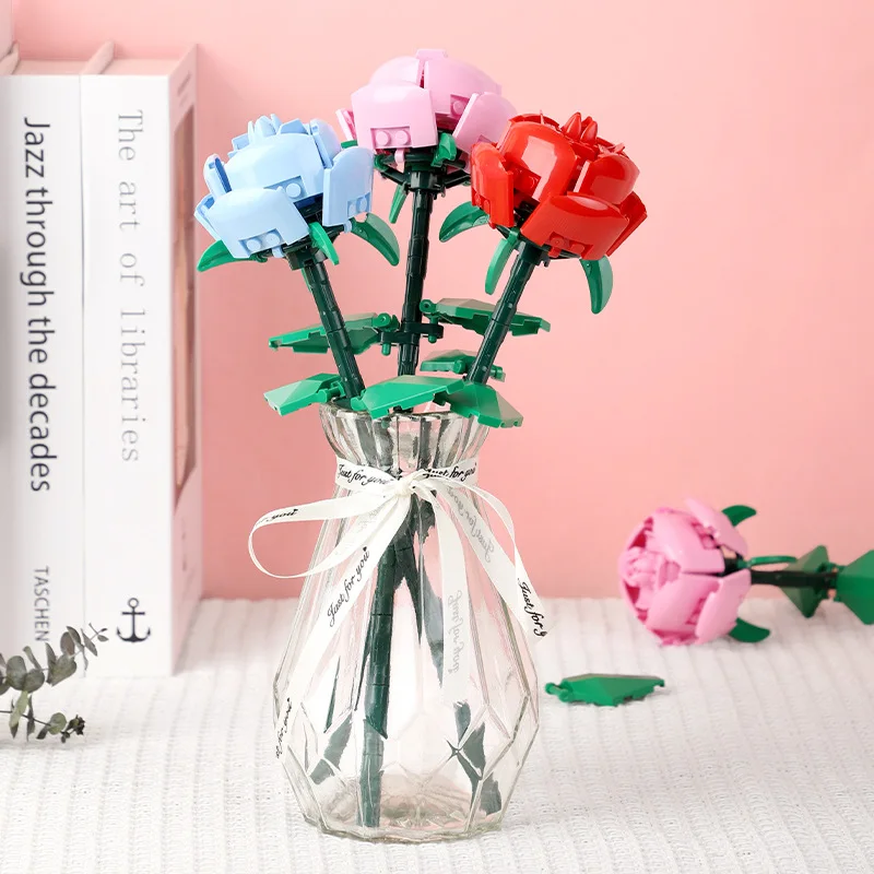 Rosa blocos de construção plantas paz e esperança jardins modelo clássico tijolos crianças conjunto kits brinquedo diy presente do dia dos namorados vermelho azul rosa