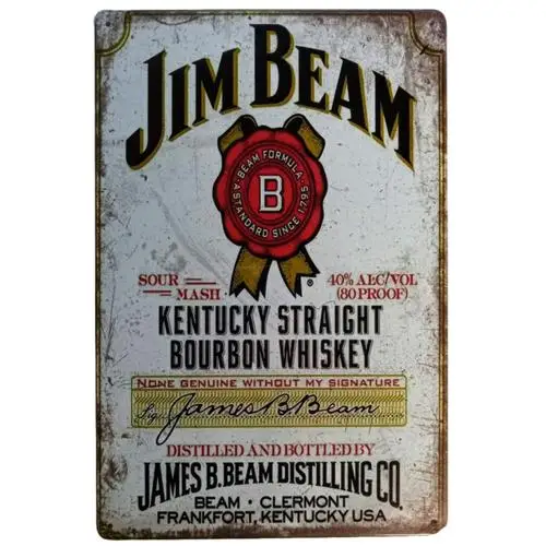 Letrero Metálico Vintage Jim Beam White Label con Acabado Desgastado, Reimpresión; Whisky de KY