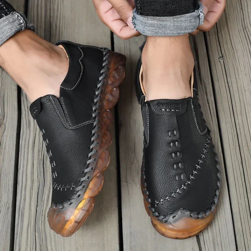 Zapatos informales de cuero para hombre, mocasines planos hechos a mano, transpirables, a la moda, estilo de diseñador