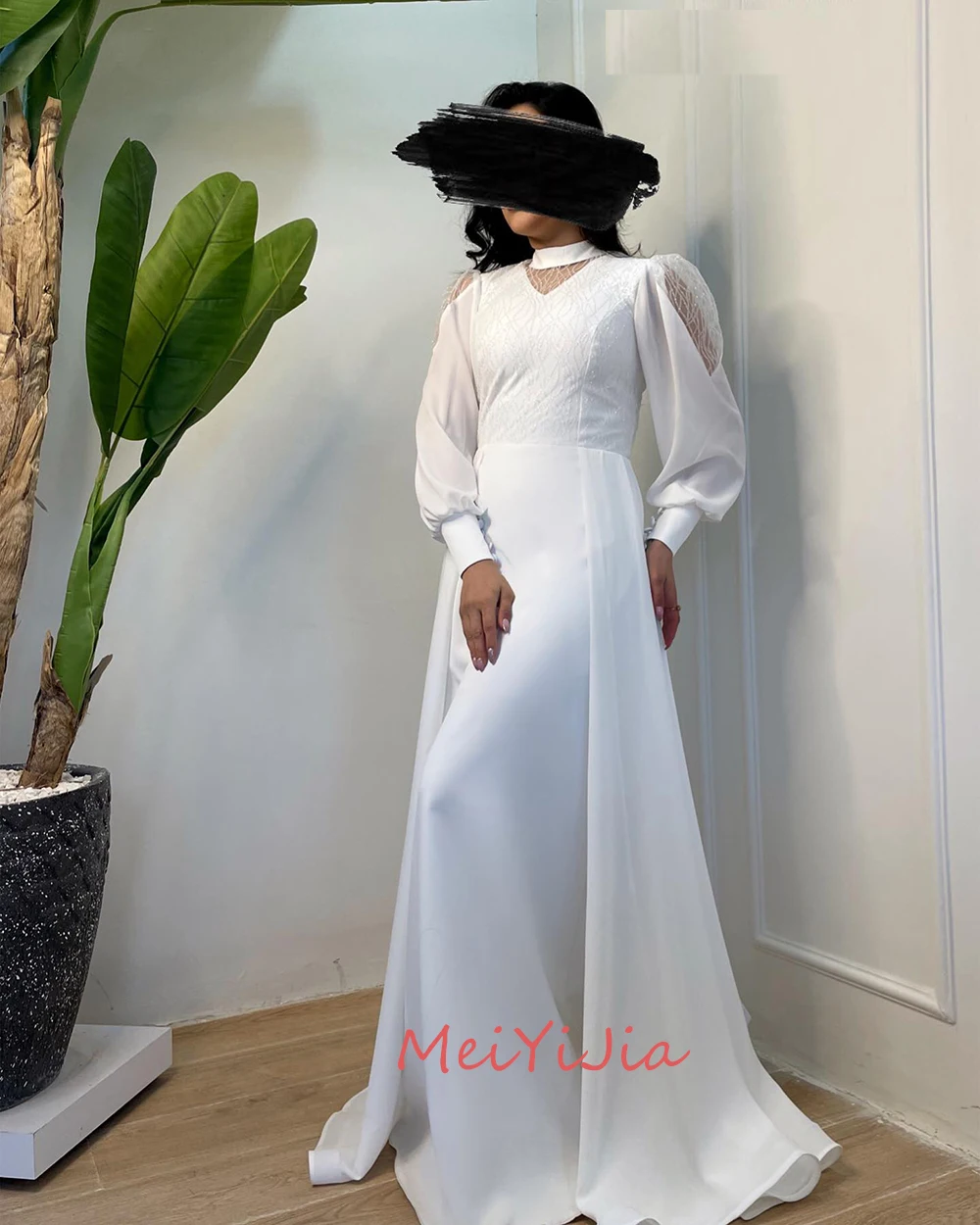 MeiYiJia High-Neck Long-Sleeves Ruffle Sequins Crepe Floor-Length Saudi Arabia Sexy Evening Birthday Club Outfits Summer 2024