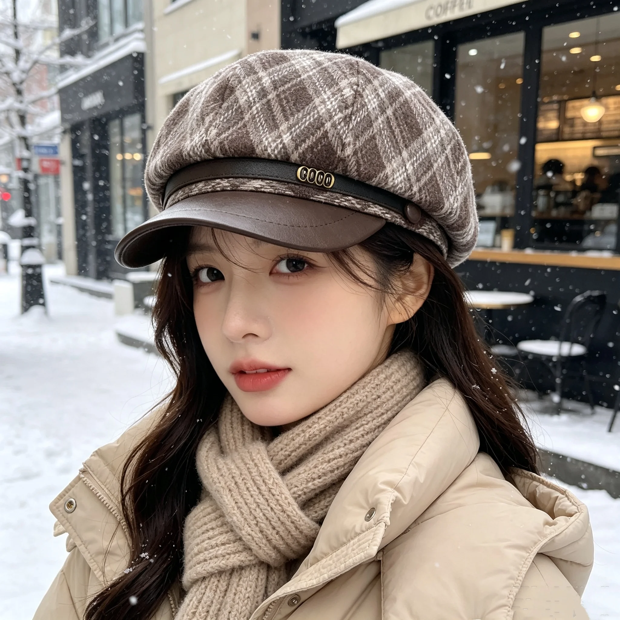 Women's Retro Plaid Octagonal Newsboy Hat, Woolen Fabric Splicing, Pu Brim with Metal Letter Decoration, Autumn and Winter Outdoor Cold-Proof Painter's Hat