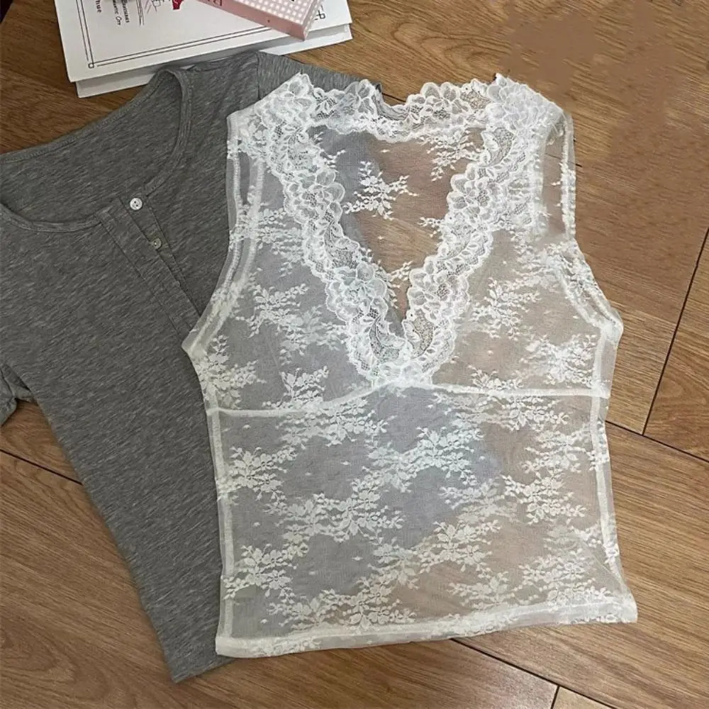 Elegant V Neck Lace Base Shirt Hollow Out Sleeveless Lace Mesh Vest Transparent Slim Fit Camisole Commute Style