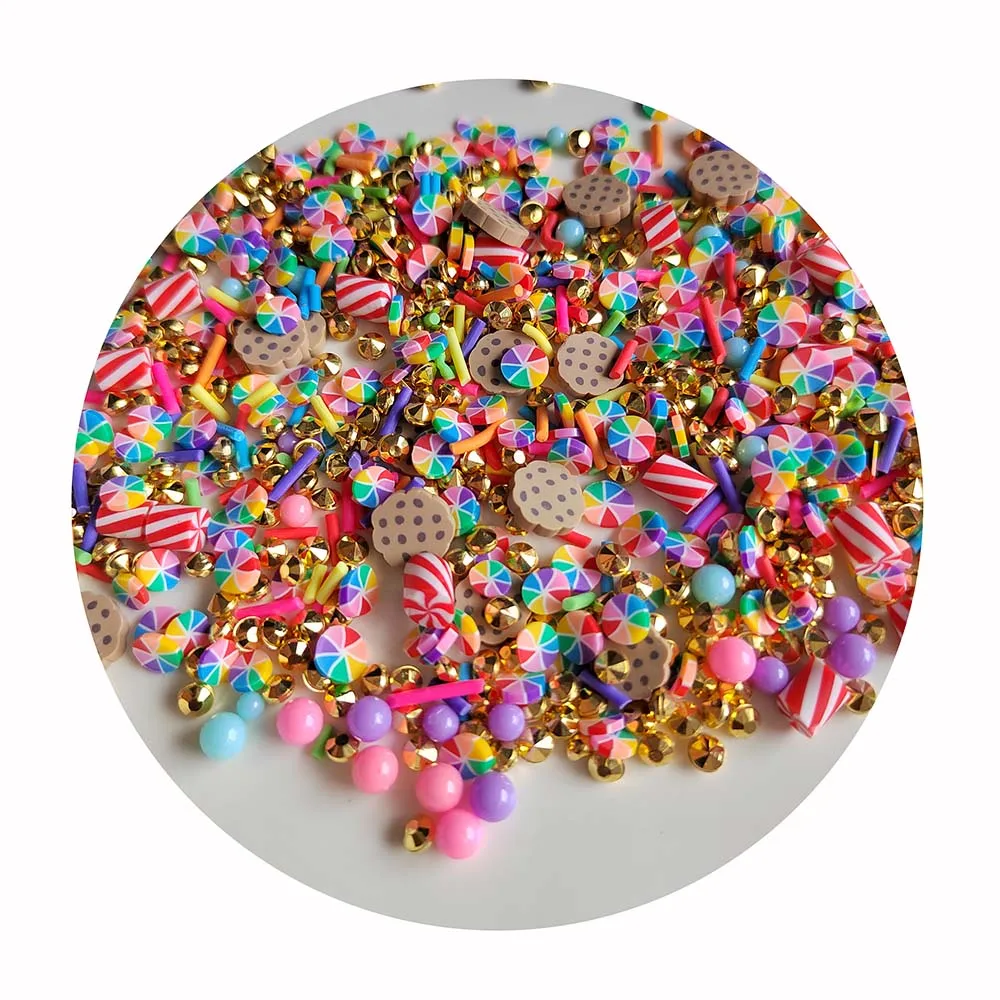 Round Rainbow Color Cookies Polymer Clay Candy Sprinkles With Gold Diamond Loong Cute Sprinkles Party Decoration Confetti Slime