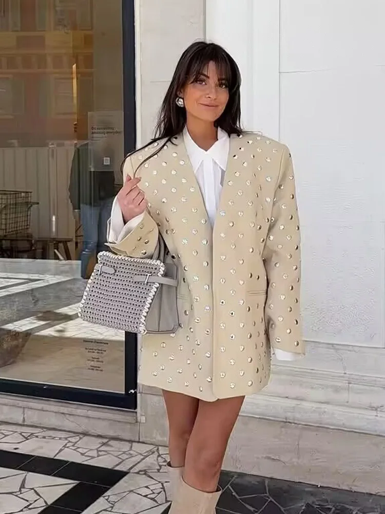 HH Women's 2025 Summer Temperature Rivet Decorative Casual Jacket Female V-neck No-button Sequin Suit Long Sleeve Jacket