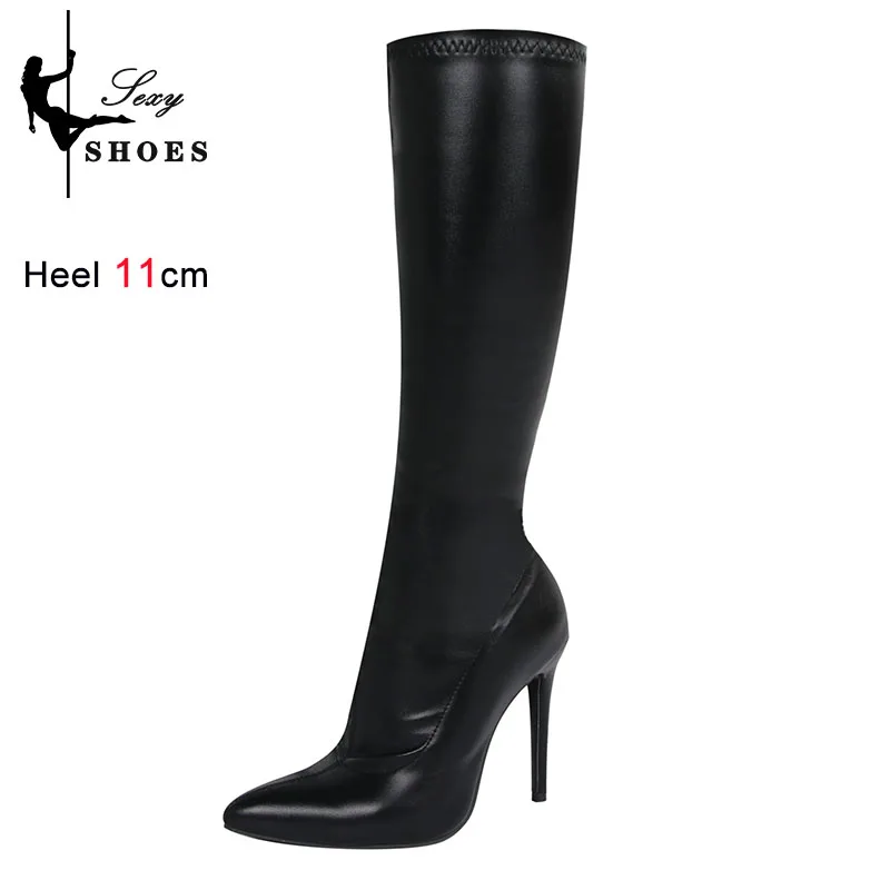 Stivali alti al ginocchio da donna scarpe nere Sexy con tacco alto stivali con punta a punta con cerniera laterale elasticitร autunnale stivaletti