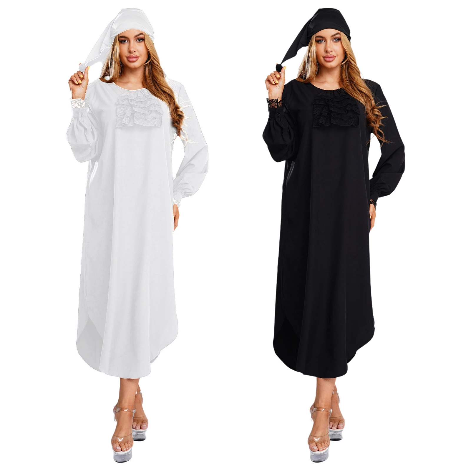 

Women Victorian Nightgown Halloween Christmas Theme Party Costume Sleepwear Long Sleeve Lace Trim Ruffles Night-Robe with cap