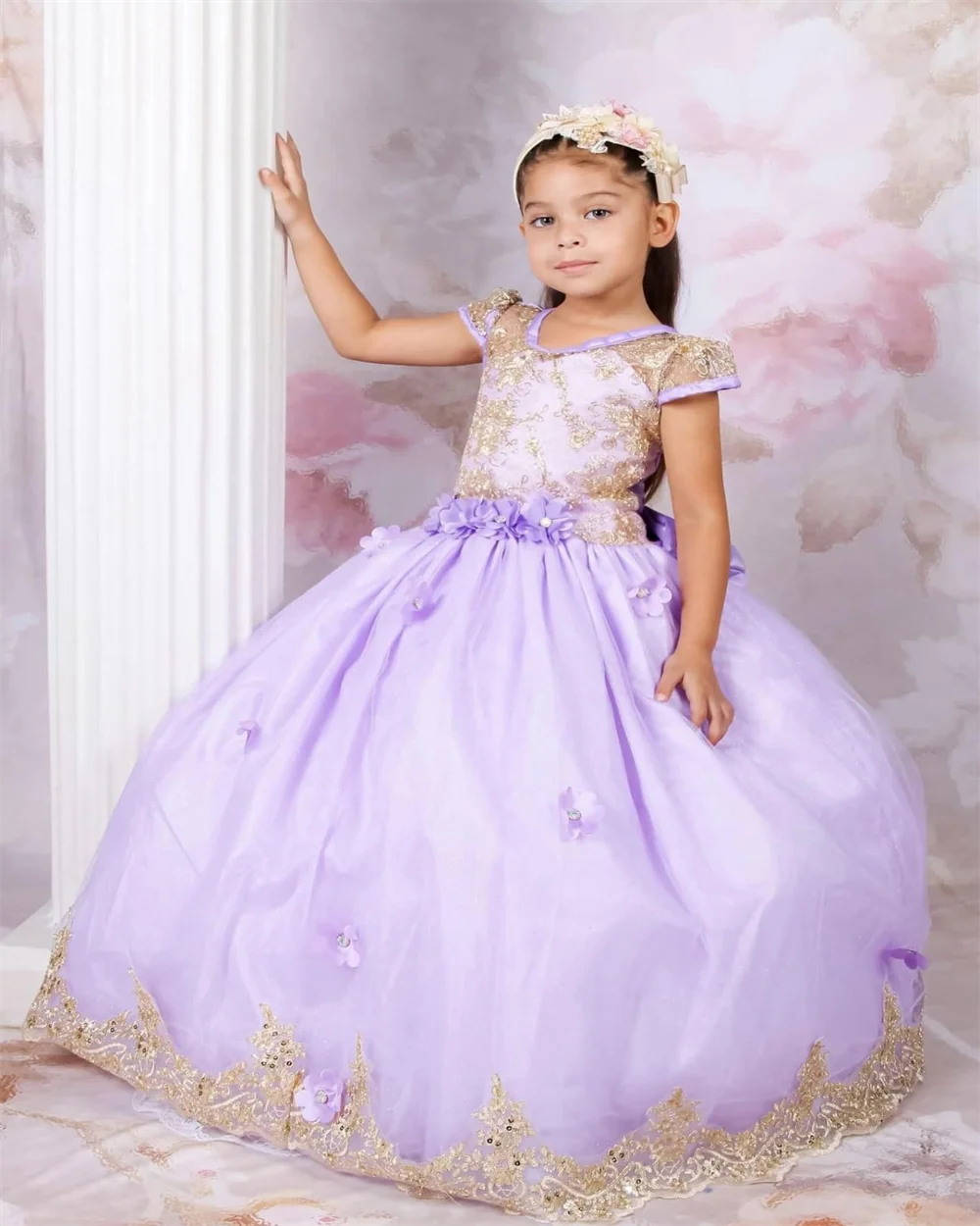 Light Purple Flower Girl Dress Gold Lace Appliqué Back Frenulum Bow Wedding Prom Party Princess Kids Baby Sacrament Dress