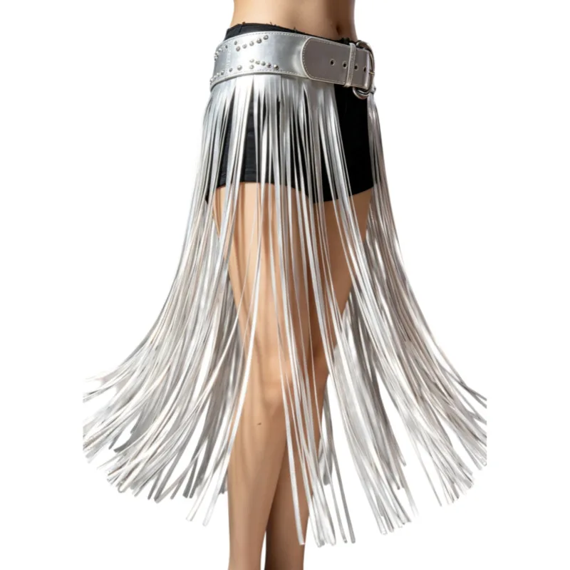 Silver Punk Belt 6cm Width Riveted 75cm Long Tassel Decorative Waistband