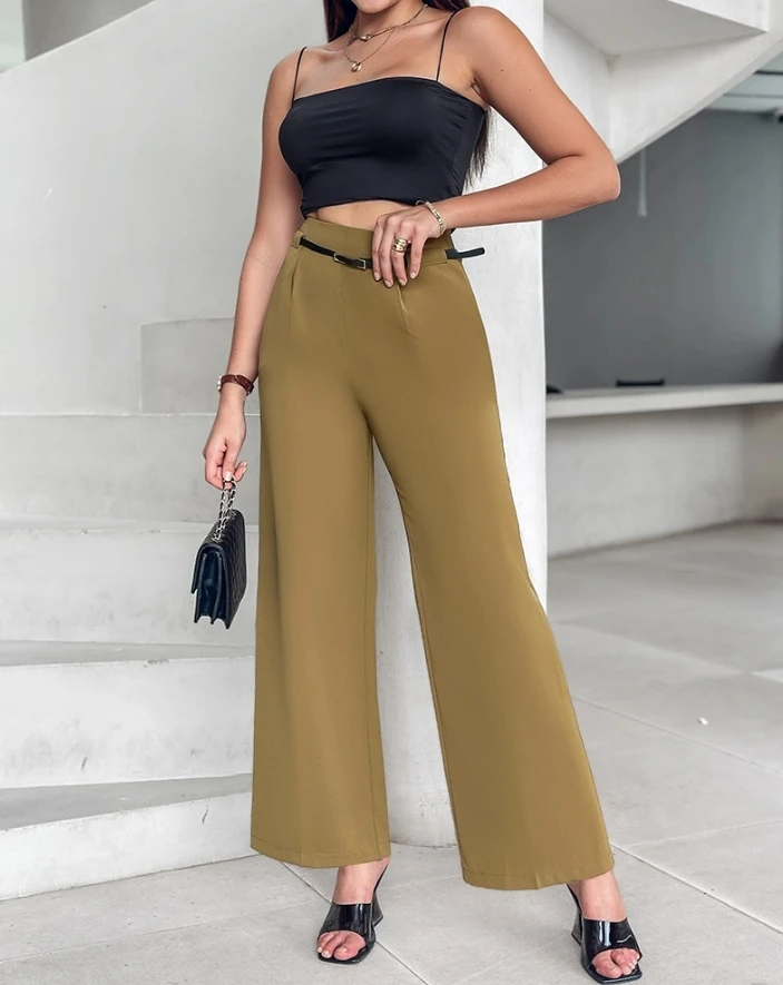 

Women's Fashion New Pants Solid High Waist Wide Leg Pants with Belt Simple Retro Elegant Pants Shipped Within 48 Hours