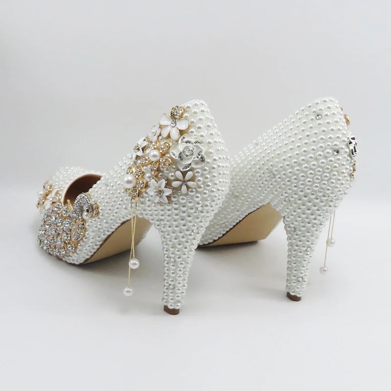 BaoYaFang  White pearl beads Womens wedding shoes Bride high woman party dress shoes Luxury peacock female shoes high Pumps