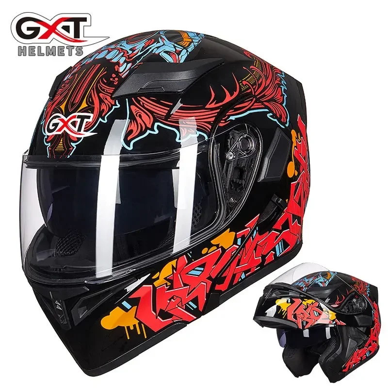 GXT Flip Up Helmet Motorcycle Helmet Motos Casco Capacete Modular Helmets with Inner Sun Visor Safety Double Lens Racing Helmets