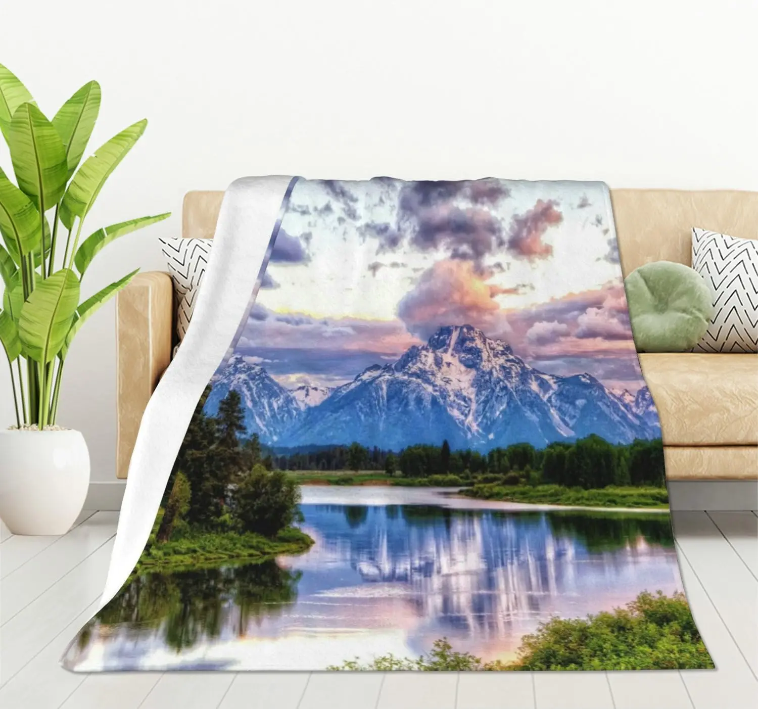 Snow Peak Lake Reflection Pine Forest Sunset Cloud Flannel Throw Blanket Soft Warm Cover for Sofa Bed Nature Bedroom Decor
