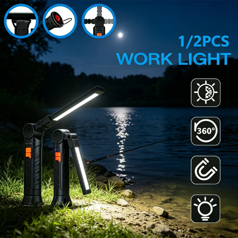 COB LED Folding Flashlight Portable Magnetic Work Light Lantern USB Rechargeable Emergency Repair Camping Torch Lamp with Hook