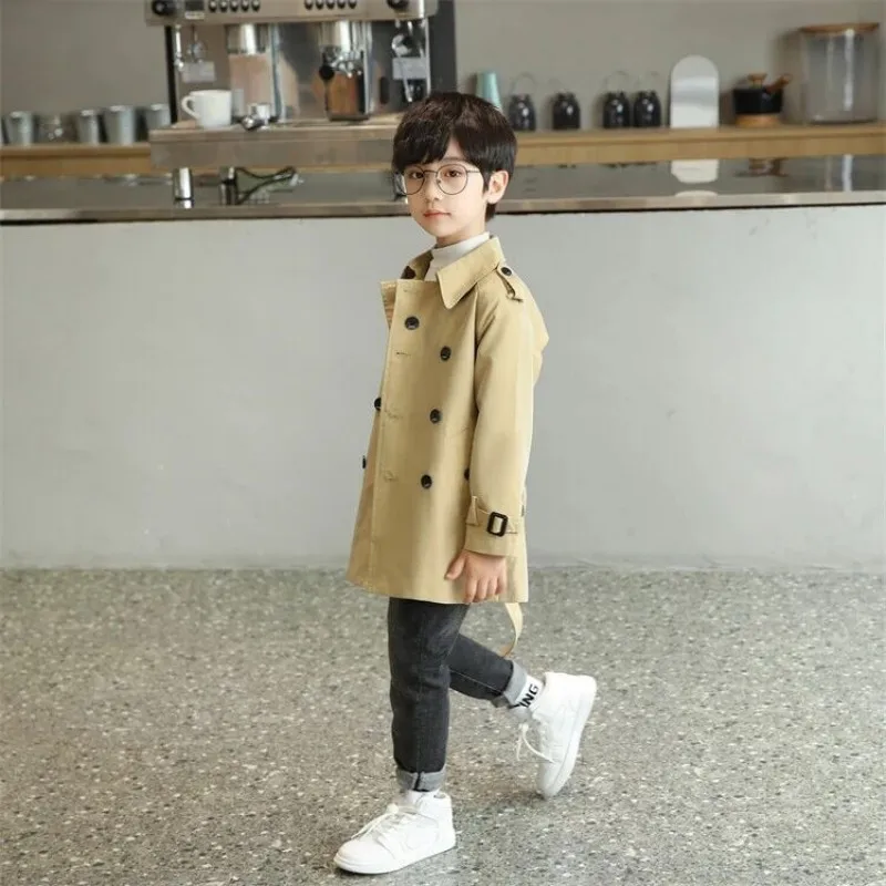 

Children's Trench Coat Spring and Autumn Korean Version Solid Color Boys' Casual Mid Length Jacket 120-170CM