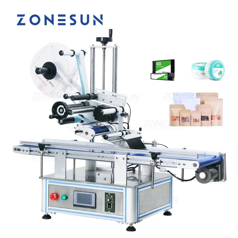 

ZONESUN Desktop Automatic Flat Labeling Machine Sticker Pasting Machine Bag Pouch Envelope Cosmetic Box Flat Bottle ZS-TB150PB