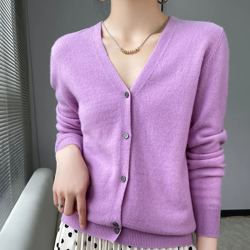 Autumn Winter Women 100% Fine Wool Sweater New V-neck Solid Color Knitted Cardigan Casual Jacket Bottoming Slim Soft Tops