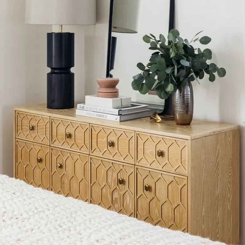 American Retro Solid Wood Sideboard Weathered White 4 Door Cabinet with Drawers Dining Room Storage Chest for Tableware