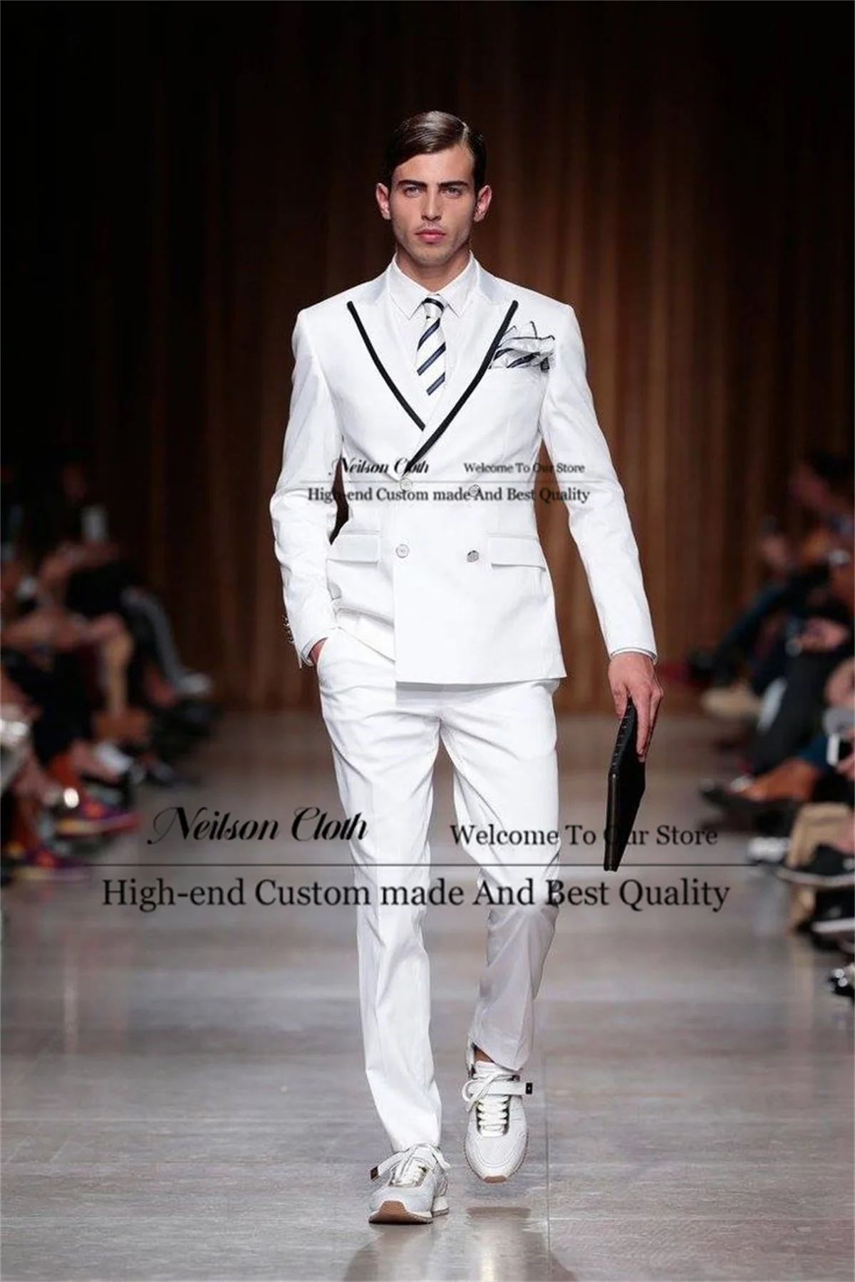 

Business White Male Prom Blazers Customized Double Breasted Groom Wedding Tuxedos Groomsmen 2 Pieces Sets Terno Masculino