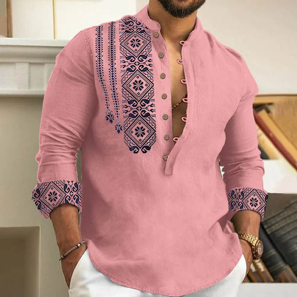 イスラム教徒の男性用夏服カジュアルメンズ長袖ボタンダウンシャツブラウスルーズヘンリービーチトップスTシャツギフトとして