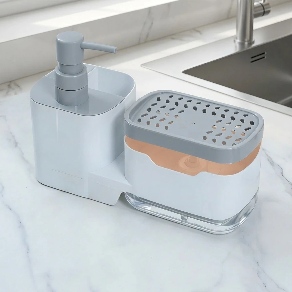 

Kitchen Press Type Soap Dispenser Dishwashing Sponge Foamer Soap Storage Rack With ABS Material And Dry Wet Separation Design