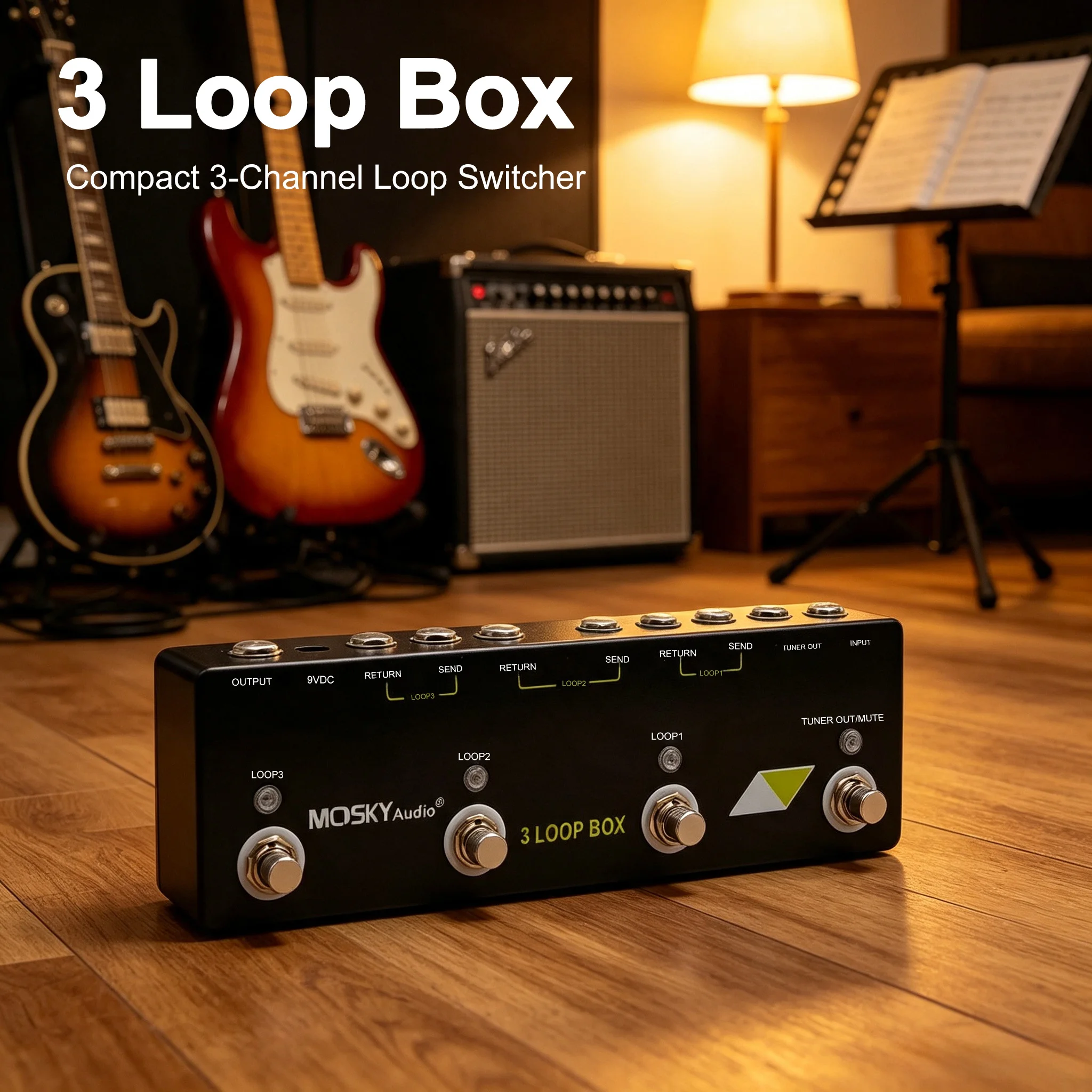 MOSKYAUDIO 3 Loop True Bypass Guitar Pedal Switcher Box - Effects Pedal Switching System for Effect Pedalboards