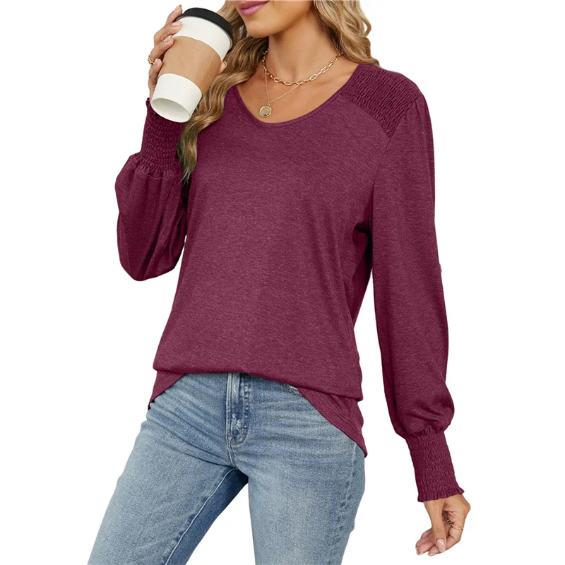 

ASDS-Women's Casual Loose Long Sleeve Shirts Shirred V-Neck Tops Trendy Blouses