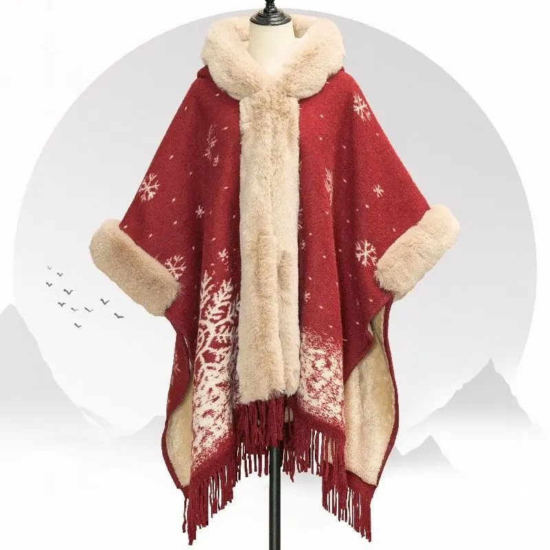 Winter New Women's Shawl Standing Collar with Plush and Thick Contrasting Color Mid Length Cape Coat