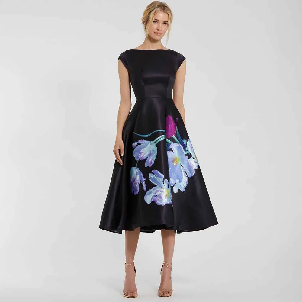 Elegant Wedding Guest Dresses Satin A-line Bridal Dress Black Boat Neck Pattern Zipper Ruched Mother of the Bride Dresses Midi