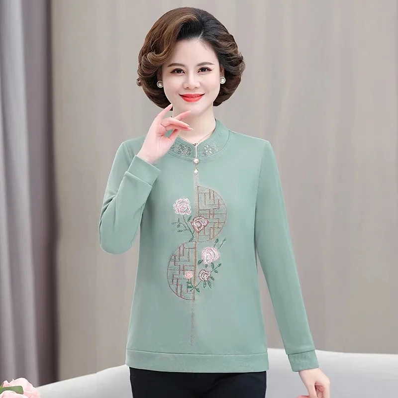 

Middle Aged Elderly People Loose Fitting Stand-up Collar Embroidered Base T-shirt Top Spring Mom Stand-up Collar T-shirt Jacket