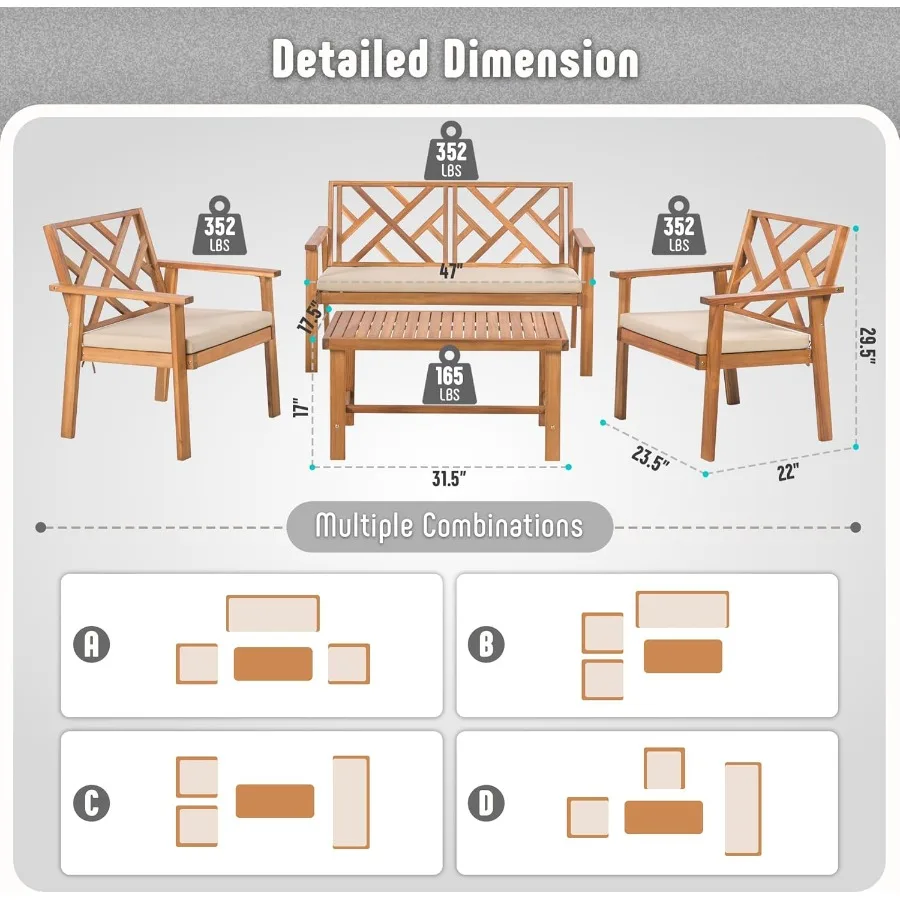 مجموعة أثاث الفناء الخارجي مكونة من 4 قطع من مقعد أريكة الفناء وكرسيين أريكة فرديين مع وسائد مبطنة للطاولة من خشب السنط في الهواء الطلق Pa #6