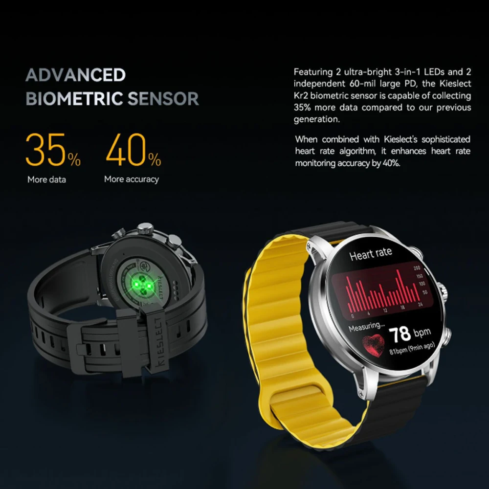 ساعة Kieslect Kr2 الذكية للاتصال بشاشة 1.43 بوصة FHD AMOLED مع AOD لجهاز Android iOS للتحكم عن بعد في الكاميرا ومتتبع اللياقة البدنية