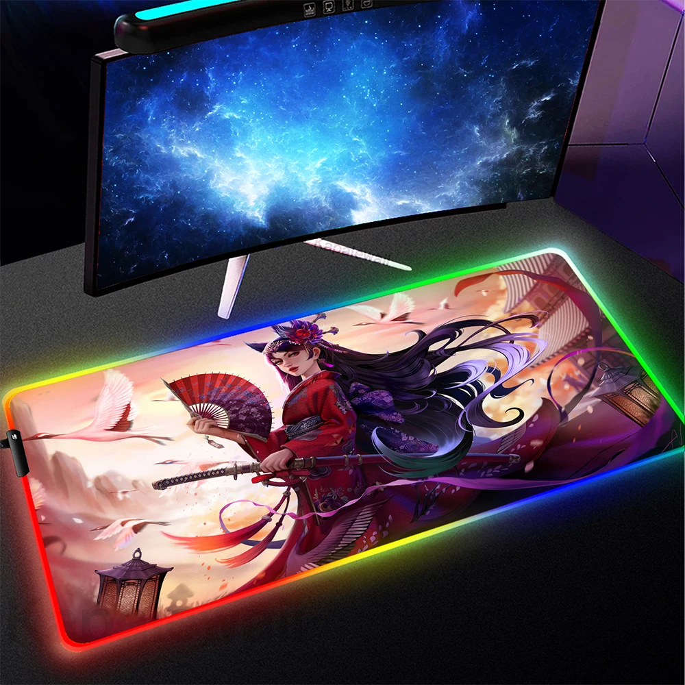 Anime Samurai Girl RGB Mouse Pad Gaming Mat Gamer XXL Mousepad LED Luminous Game Desk Pads Non-slip Rubber Backlit Mouse Mat