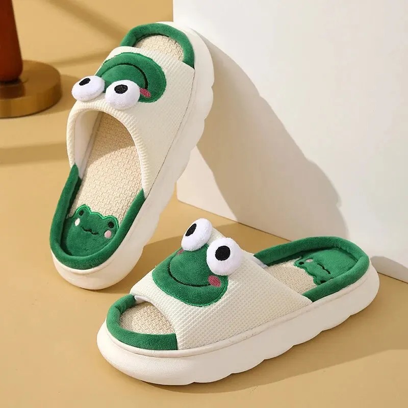 Slippers Women Cartoon Frog Winter Spring Autumn Indoor Home Slides Thick Sole Couple Slipper Bedroom Anti Slip Shoes Sandals