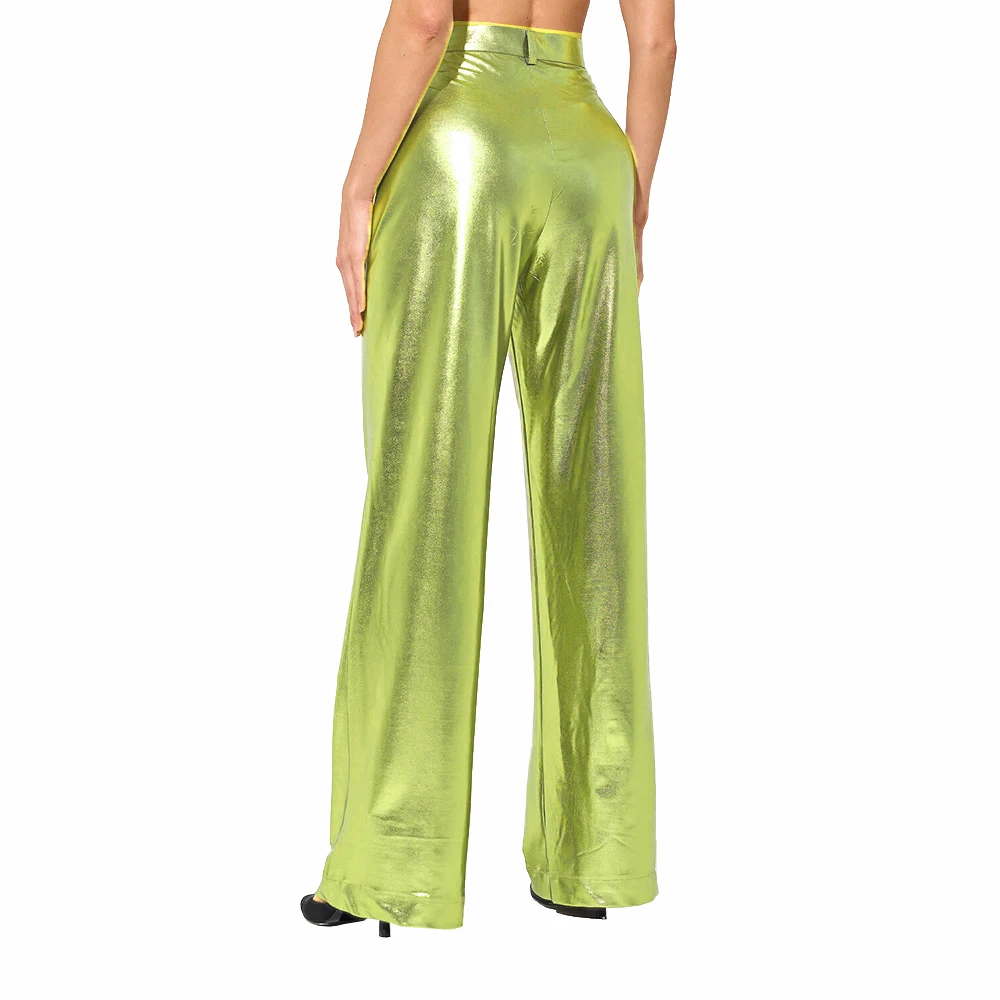 

Plus Size Women Shiny Straight Leg Pants Female Casual High Waist Liquid Metallic Pants High Street Wide Leg Trousers Bottoms