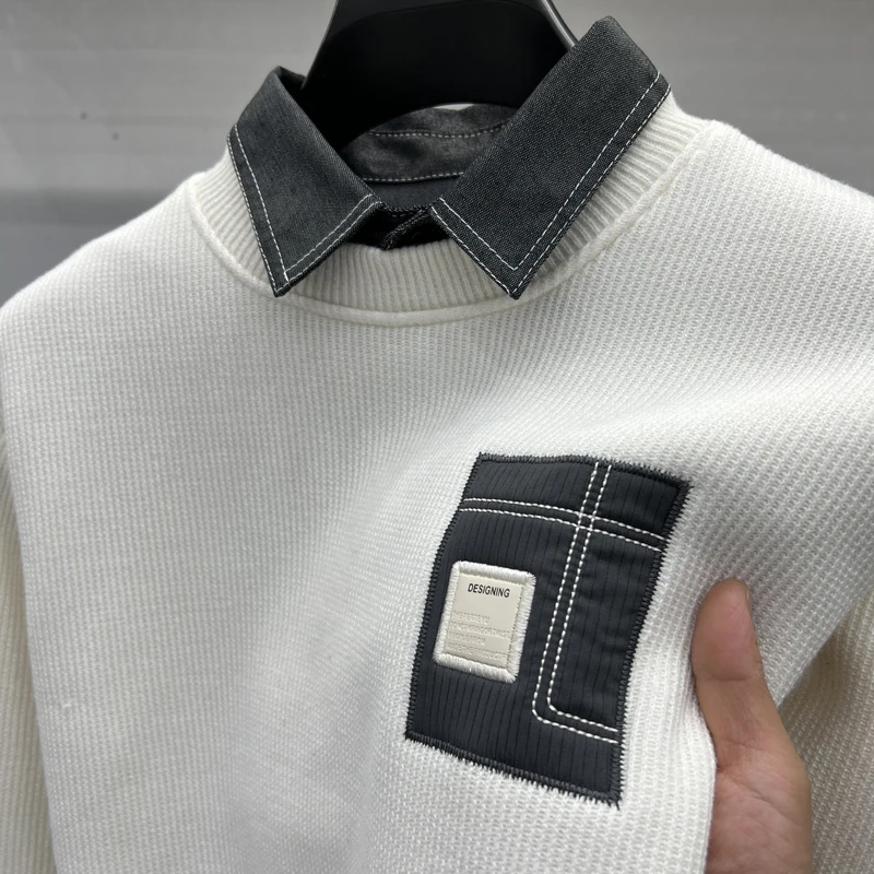 2025 Maglione da uomo invernale nuovo in pile intero finto in due pezzi moda casual lavorato a maglia con fondo in pile spesso