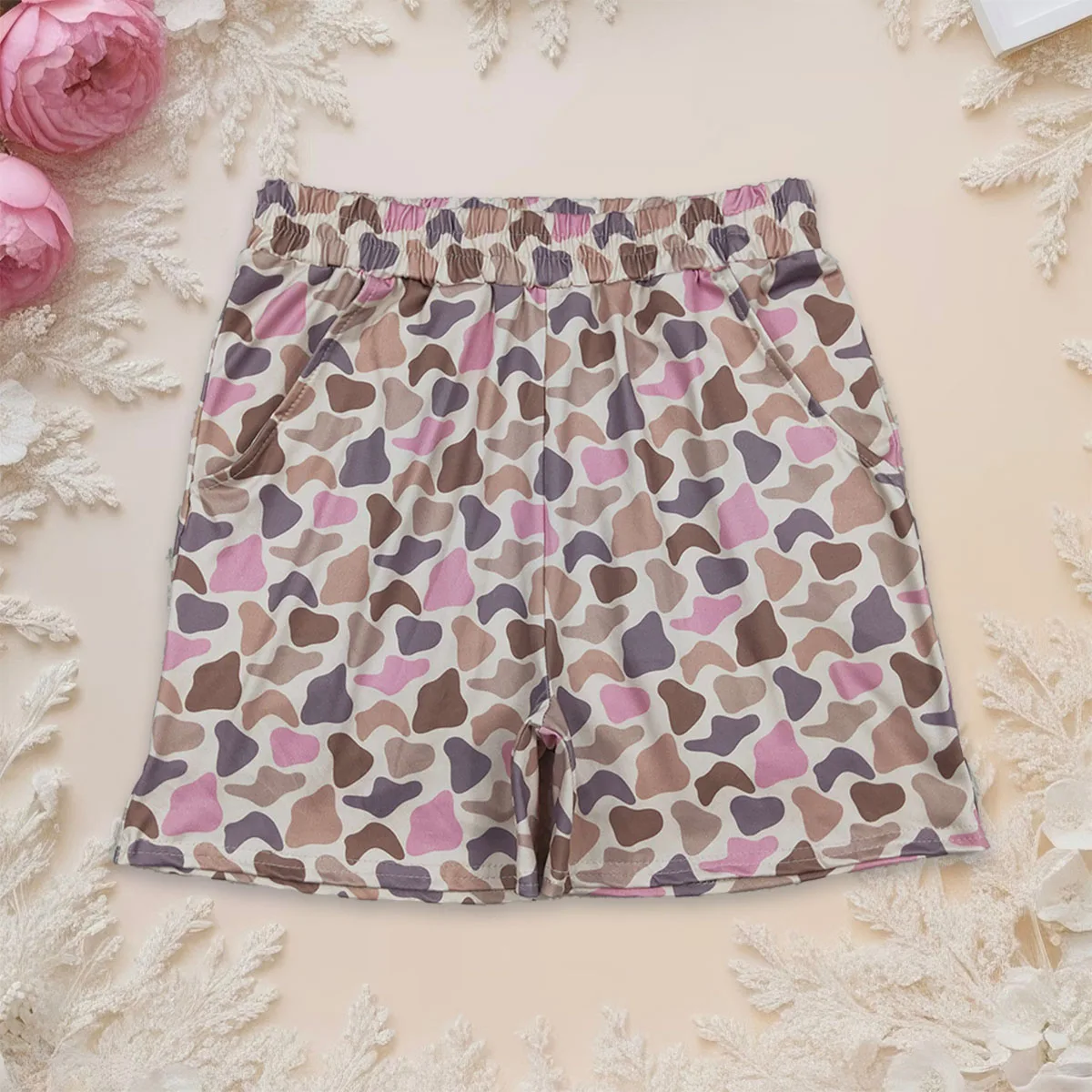 

Boutique Adult Women Summer Shorts High Stretchy Southern Brown Pink Camo Print Pockets Bottom Shorts Lady Clothing Wholesale