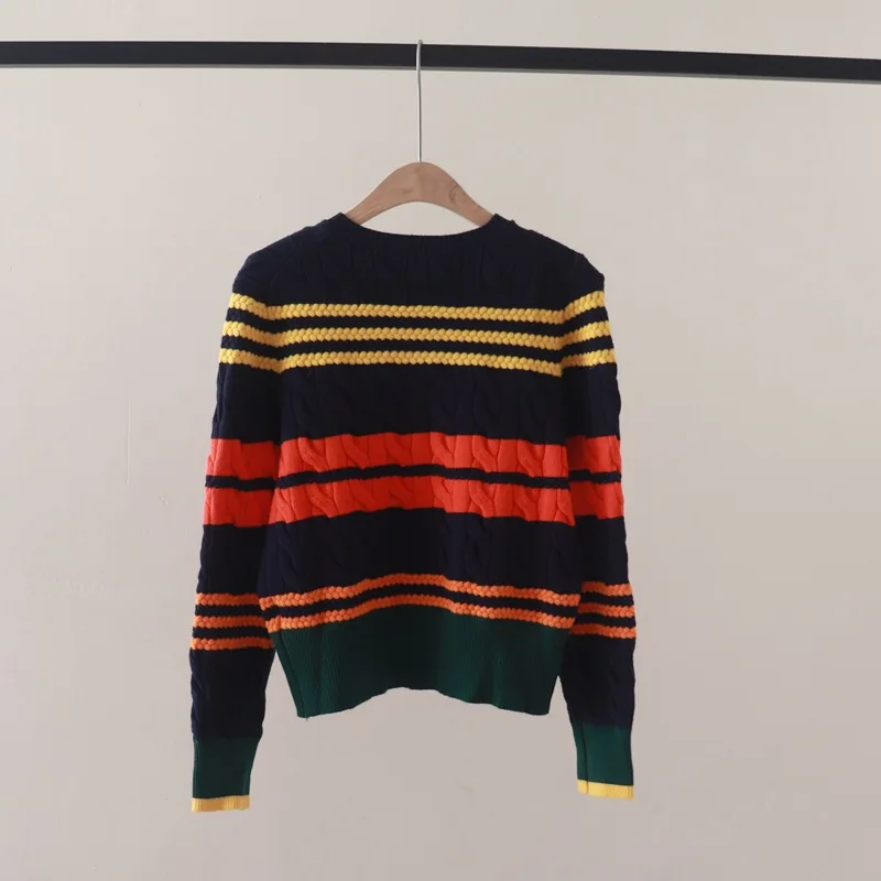 Autumn and Winter New Fashion Color Contrast Wave Striped Crew Neck Long Sleeves Knitted Cardigan Cable-Knit Sweater Coat Slimmi