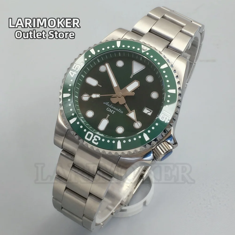 LARIMOKER 40.5MM GMT NH34 Orologio meccanico automatico da uomo Quadrante verde Data Cupola luminosa verde Orologio subacqueo in vetro zaffiro