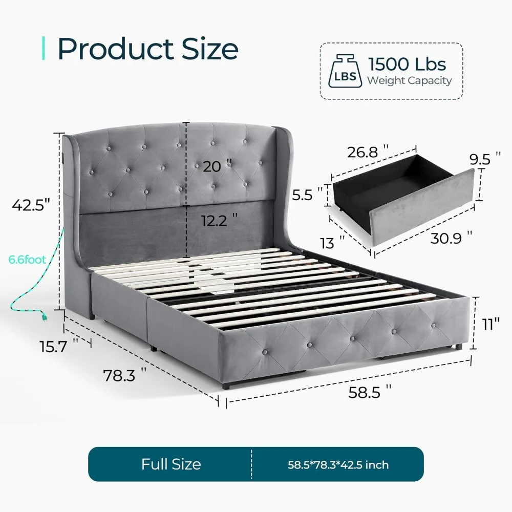 Queen Bed Frame with Headboard & 4 Drawers, Velvet Upholstered Bed Frame with RGB Lights & USB-C Charger, Platform Bed Frame