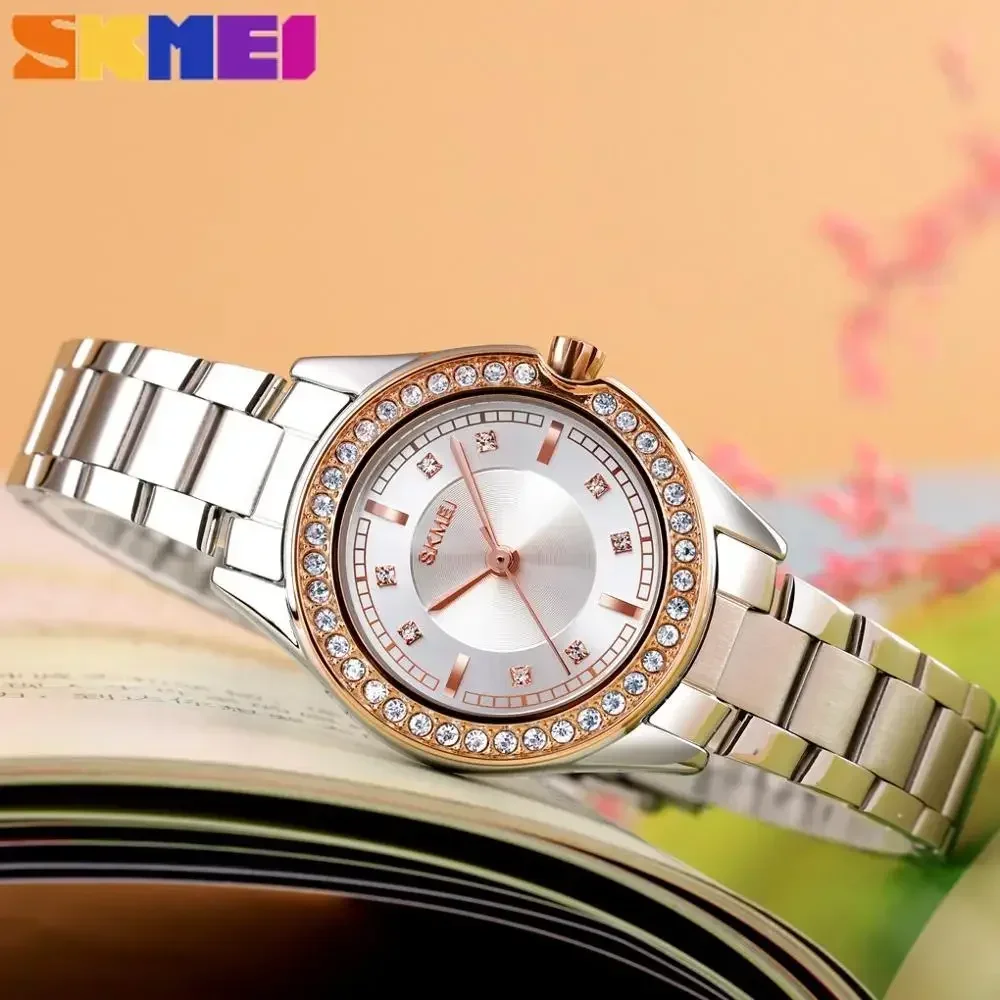 SKMEI 1534 zegarki damskie wodoodporny pasek ze stali nierdzewnej reloj mujer moda damski zegarek kwarcowy innowacyjne diamentowe zegarki na rękę